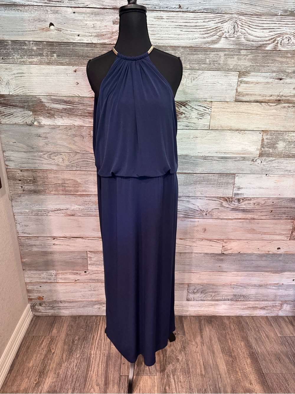 NWT Navy Halter Maxi Dress with Gold Neck Accent